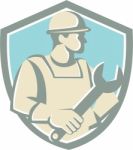 Construction Worker Spanner Shield Cartoon Stock Photo