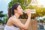 Sporty Young Woman Drinking Water After Jogging Stock Photo