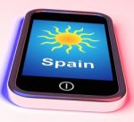 Spain On Phone Means Holidays And Sunny Weather Stock Photo