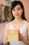 Portrait Of Thai Women Adult Beautiful Girl Hold Gift Box In Hands Stock Photo