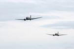 Two Douglas C-47 Skytrains  Flying Over Shoreham Airfield Stock Photo