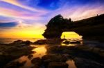 Seascape At Tanah Lot Temple And Sunset In Bali, Indonesia.(dark) Stock Photo