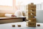 The Blocks Wood Tower Game With Architectural Engineer Plans Or Stock Photo