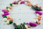 Heap Of Medicine Pills On Cardiogram Grid Paper. Selective Focus Stock Photo