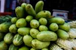 Egg Plant, Cucumbers, And Bitter Gourd In A Market In India Stock Photo