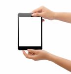 Hand Holding Black Tablet Isolated On White Clipping Path Inside Easy Add Element Stock Photo