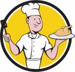 Chef Cook Roast Chicken Spatula Circle Cartoon Stock Photo