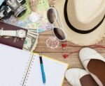 Travel Concept On Wooden Table Stock Photo