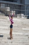Ballerina Posing On The Steps Of The Hungarian Parliament Buildi Stock Photo