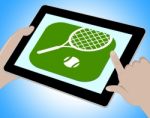 Tennes Online Shows Tennis Racket And Computer Stock Photo