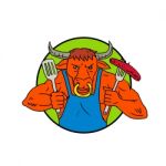 Bull Holding Barbecue Sausage Drawing Color Stock Photo