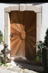 Ornate Wooden Door In Hallstatt Stock Photo