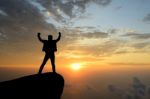 Silhouette Achievements Successful Man Is On Top Of Hill Celebra Stock Photo