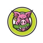 Wild Pig Biting Pickle Circle Mascot Stock Photo