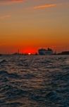 Venice Italy Sunset With Cruise Boat Stock Photo