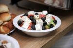 Greek Salad With Tomatoes, Black Olives, Onion Stock Photo