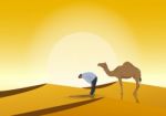 Man Praying And Camel With Sunset Background Stock Photo