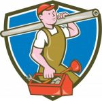 Plumber Carrying Pipe Toolbox Crest Cartoon Stock Photo