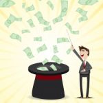 Cartoon Businessman With Money From Magician Hat Stock Photo