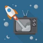 Rocket Launching From Retro Television Stock Photo