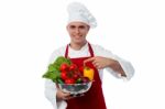 Young Chef Holding Vegetables Bowl Stock Photo