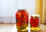 Two Glass Jars With Marinated Tomatoes Homemade Stock Photo