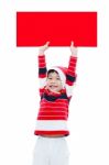 Asian Christmas Boy With Empty Banner Stock Photo