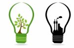 Bulbs With Green Tree And Industry Stock Photo