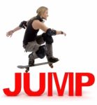 Man Skater Jumping Over Text Stock Photo
