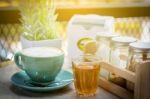 Coffee And Tea Cup On The Table In A Coffee Shop Stock Photo