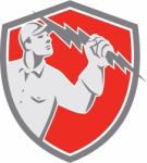 Electrician Holding Lightning Bolt Shield Retro Stock Photo