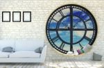 White Room Interior In Minimalist Decoration With Round Metal Clockwork Window Stock Photo