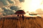 Children's Looking To A Ufo Saucer,3d Illustration Stock Photo