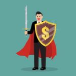 Businessman With Shield And Sword Stock Photo