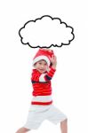 Little Asian Boy In Santa Hat Funny Acting Isolated On White Stock Photo