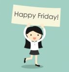 Business Concept, Business Woman Feeling Happy And Holding 'happy Friday' Banner Stock Photo
