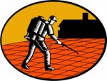 Paver Sealer Contractor House Oval Woodcut Stock Photo