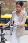 Young Girl With Bicycle Stock Photo