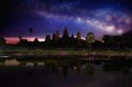Angkor Wat Temple With Milky Way And Star At Night, Siem Reap In Cambodia Stock Photo