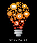 Specialist Lightbulb Indicates Power Source And Expertise Stock Photo