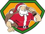 Super Santa Claus Carrying Sack Shield Cartoon Stock Photo
