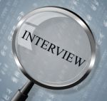 Interview Magnifier Shows Research Conference And Interviewed Stock Photo