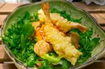 Fresh Japanese Tempura Shrimps With Salad Stock Photo