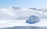 Igloo Isolated In Snowfield With Lake And Snowy Mountain, Arctic Landscape Scene, Stock Photo