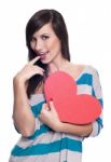 Young Happy Smiling Valentine Woman With Heart Symbol Stock Photo