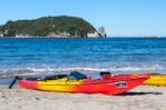Kayaks At Hahei Beach In New Zealand Stock Photo