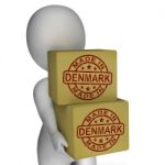 Made In Denmark Stamp On Boxes Shows Danish Products Stock Photo