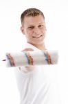 Young Guy Holding Rolling Brush Stock Photo