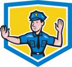 Traffic Policeman Stop Hand Signal Shield Cartoon Stock Photo