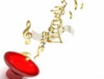 Red Loudspeaker With Golden Note Stock Photo
